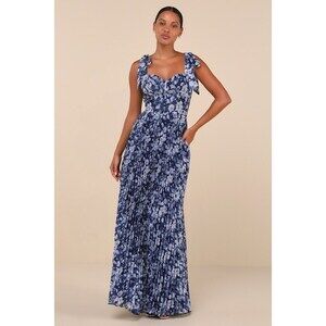 Lulus Illustrious Aura Navy Blue Floral Bustier Tie-strap Maxi Dress